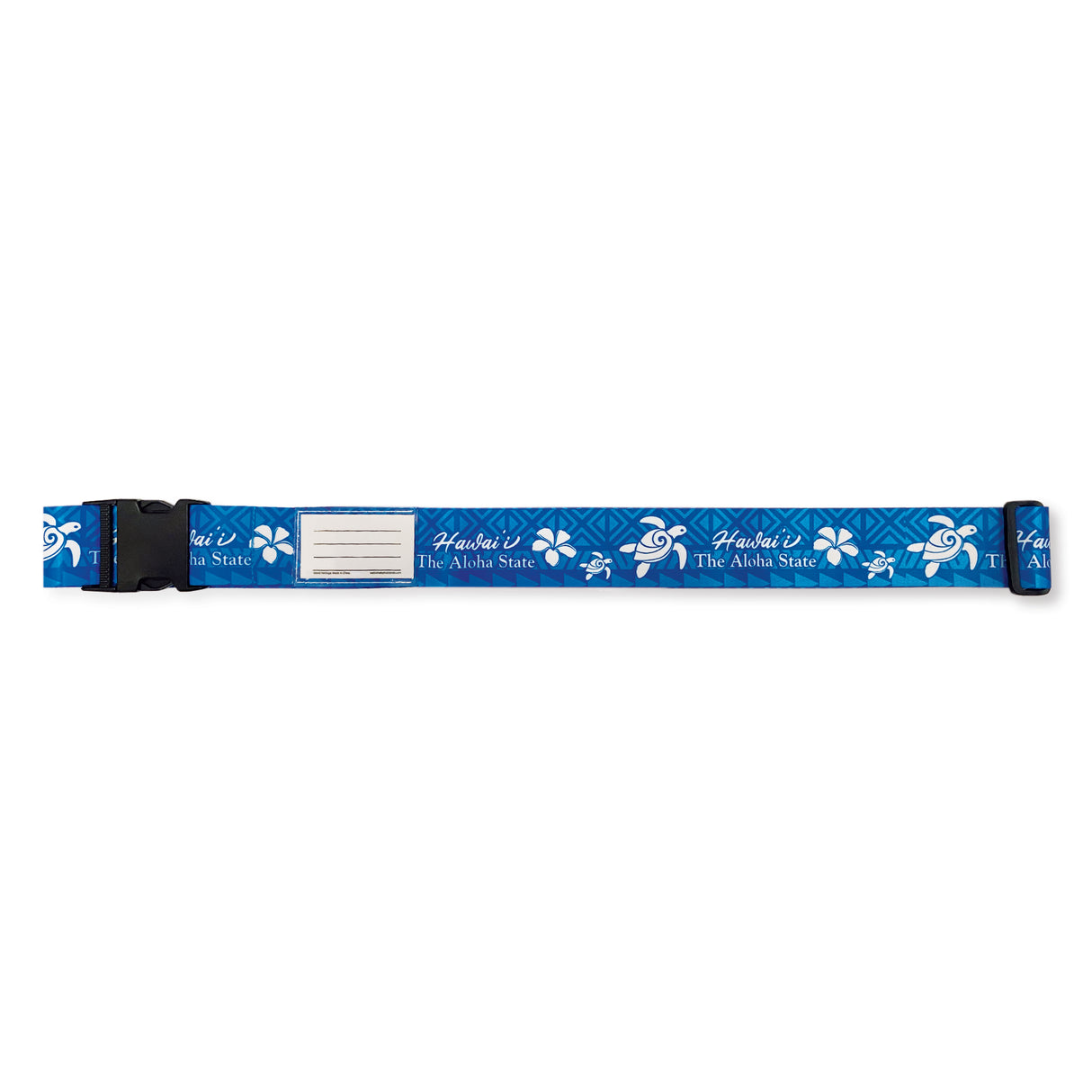 Aloha Honu luggage strap in blue, 71”L x 2”W, featuring durable polyester construction, an adjustable buckle, and a blank ID card for secure travel.