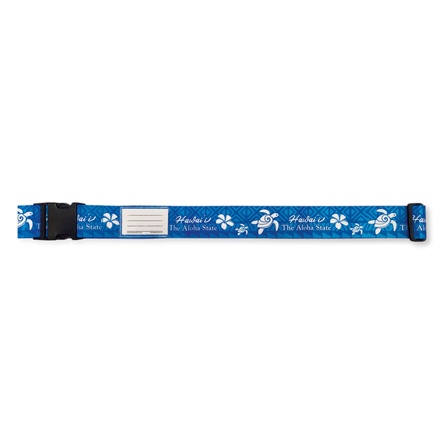 Aloha Honu luggage strap in blue, 71”L x 2”W, featuring durable polyester construction, an adjustable buckle, and a blank ID card for secure travel.