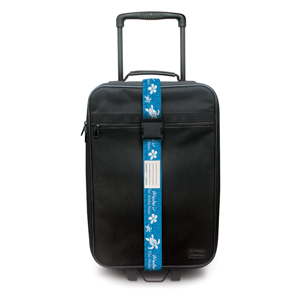 Blue Aloha Honu luggage strap, 71”L x 2”W, designed with a sturdy buckle, vibrant design, and blank ID card for easy suitcase identification.