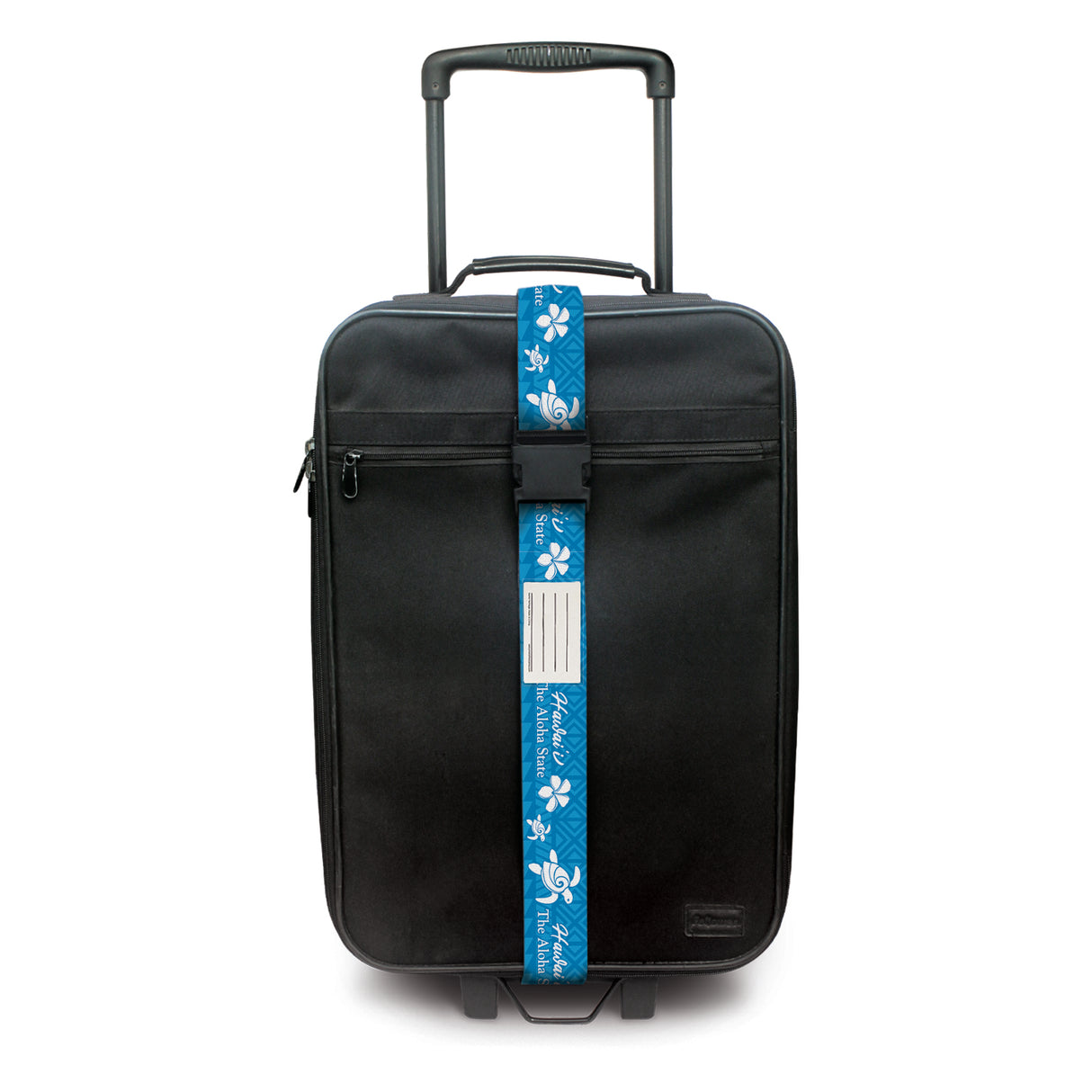 Blue Aloha Honu luggage strap, 71”L x 2”W, designed with a sturdy buckle, vibrant design, and blank ID card for easy suitcase identification.
