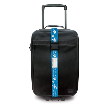 Blue Aloha Honu luggage strap, 71”L x 2”W, designed with a sturdy buckle, vibrant design, and blank ID card for easy suitcase identification.