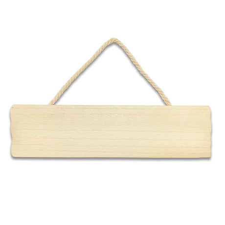 The back of a wooden hanging rectangular horizontal sign