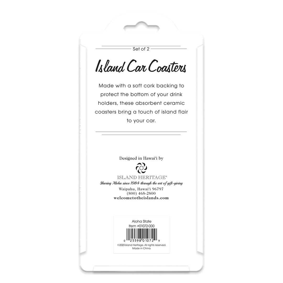 The back of a Hawaii island car coaster package.