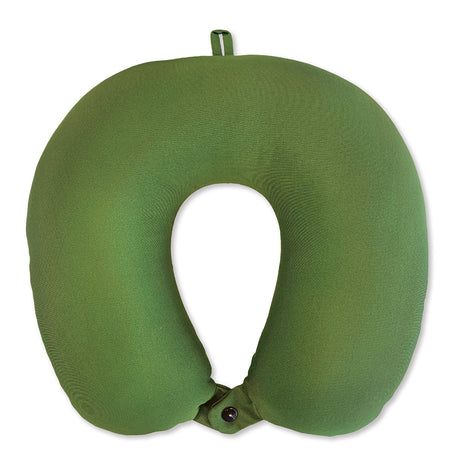 The back of a green neck pillow.