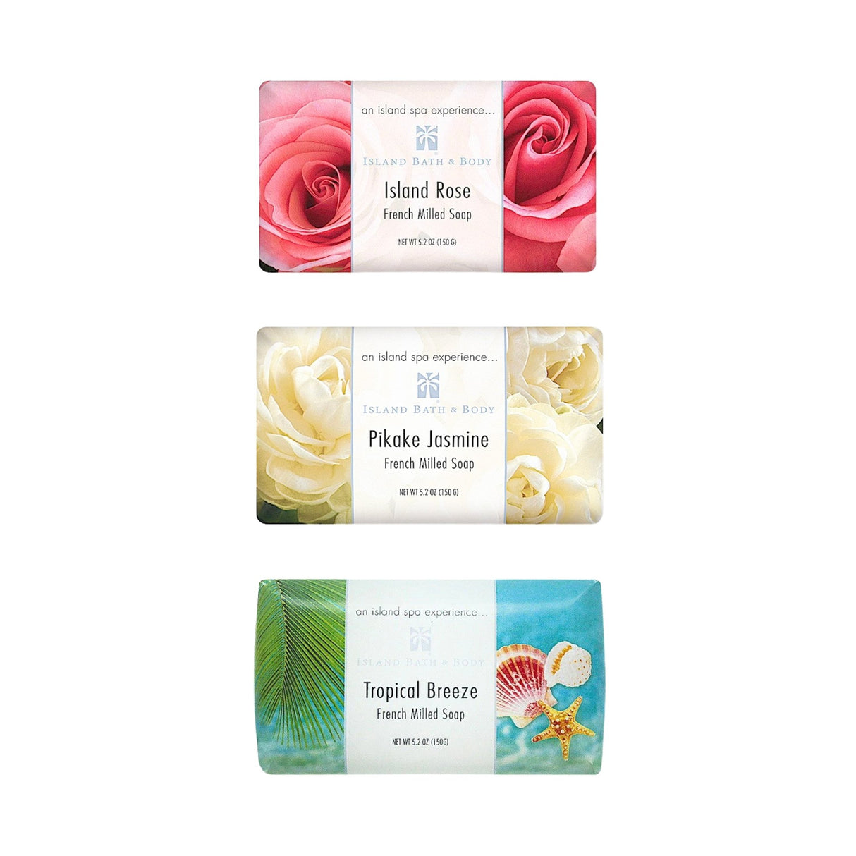 A bundle of three bar soaps with Hawaiian-inspired scents