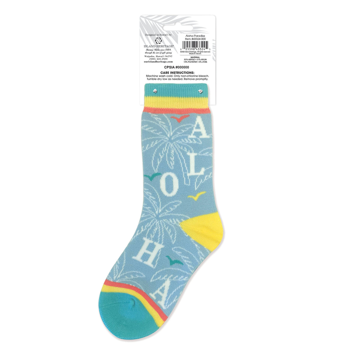 Sock with 'ALOHA' text and leaf patterns on a blue background, displayed against a white background.