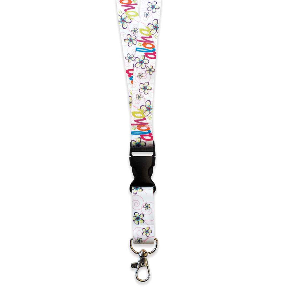 close up on a Hawaii aloha white landyard with a silver clip and black buckle.