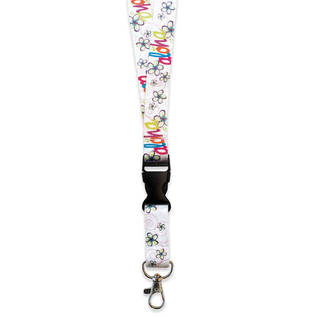 close up on a Hawaii aloha white landyard with a silver clip and black buckle.
