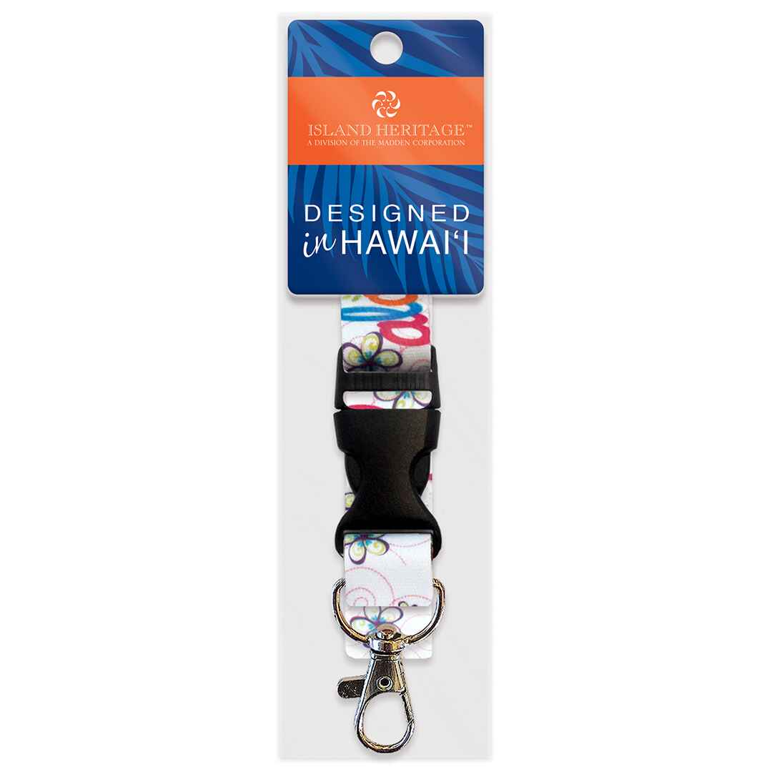 A colorful lanyard with a lobster clasp and detachable bottom, packaged in a polybag with a blue and orange 'Hawaii' themed card header.