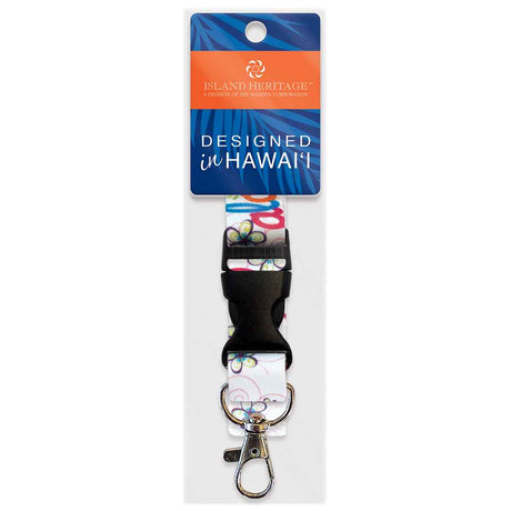 A colorful lanyard with a lobster clasp and detachable bottom, packaged in a polybag with a blue and orange 'Hawaii' themed card header.