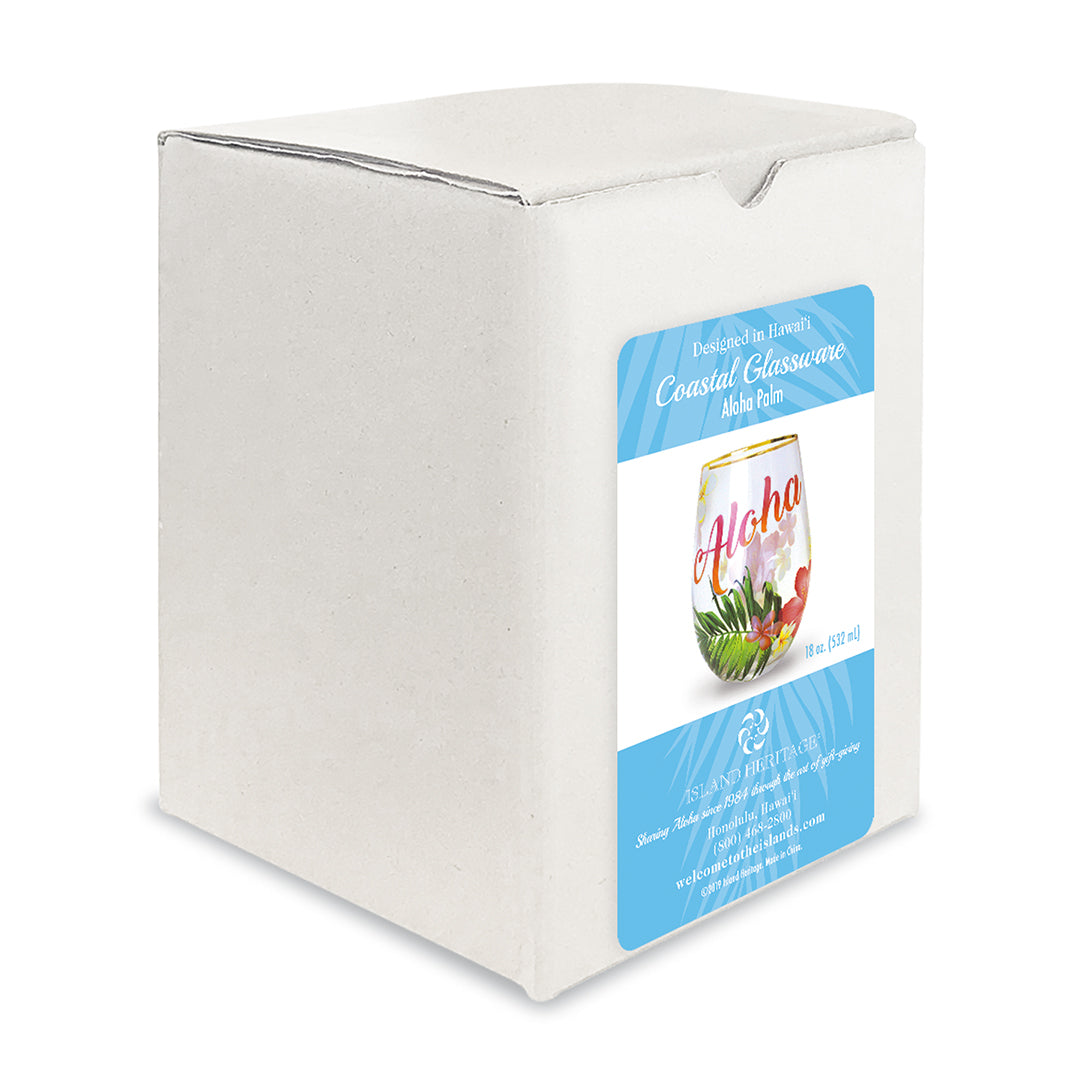 Cardboard box with label for Coastal Glassware Aloha Palm glass cup