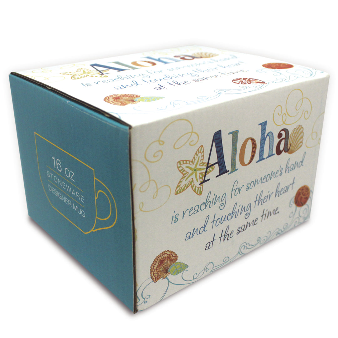 Blue and white box packaging for a Hawaii aloha mug