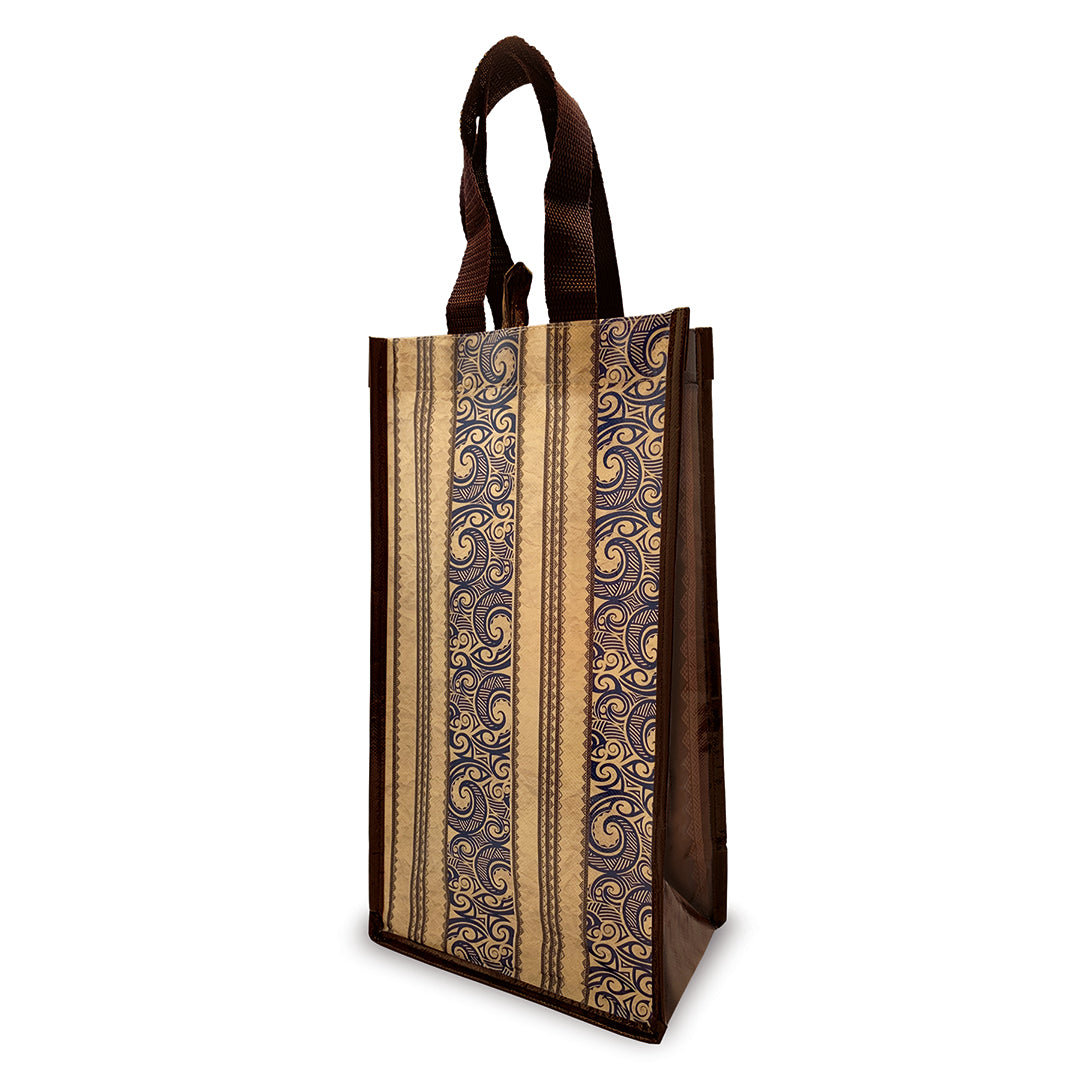 A non-woven wine carrier bag with tribal pattern, designed to carry two bottles, featuring easy-to-carry handles.