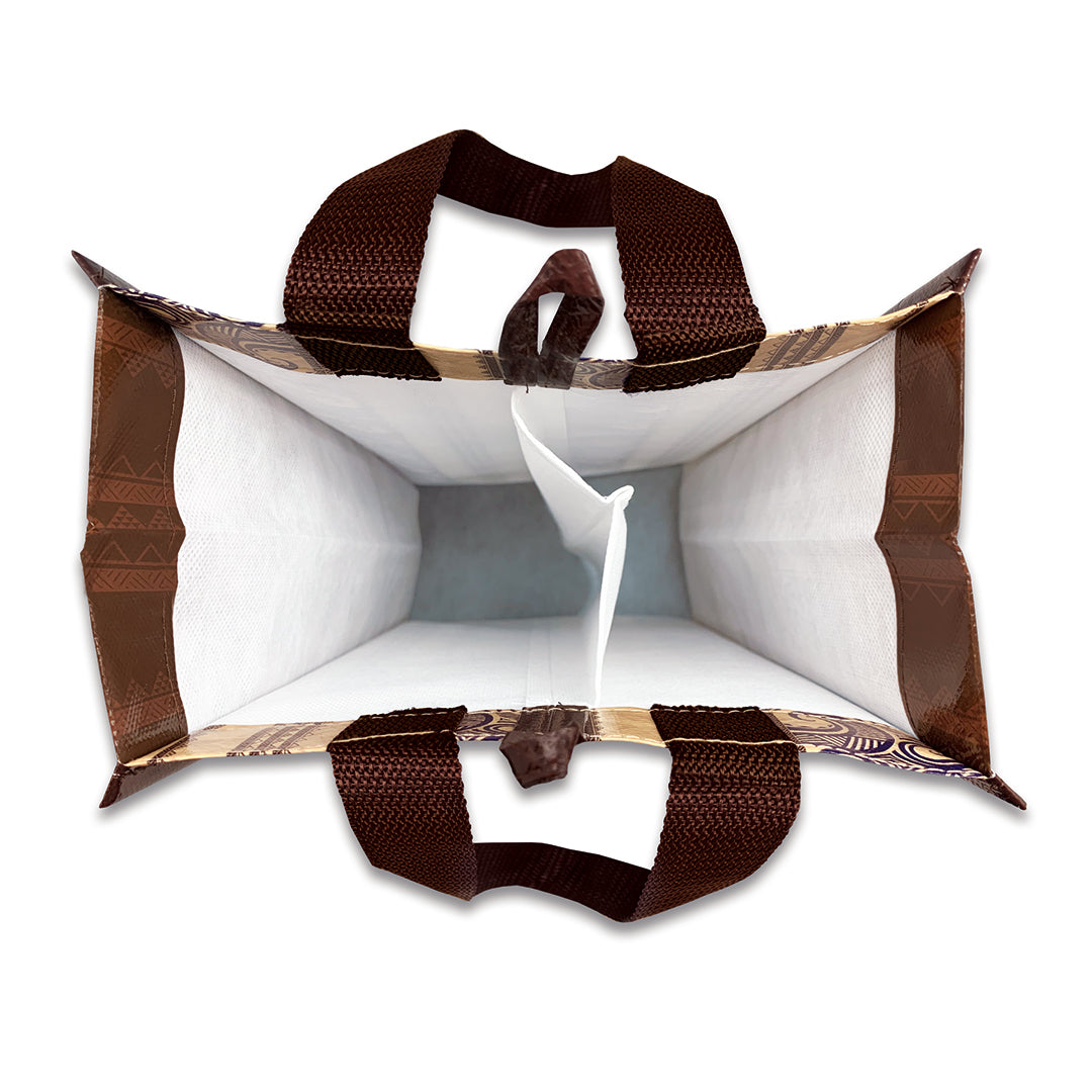 top view of a brown tribal wine bag