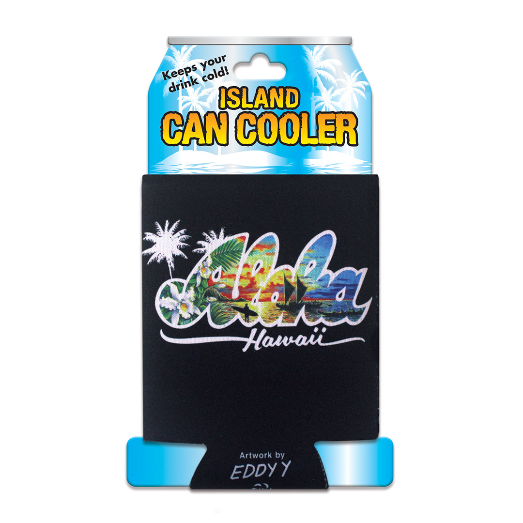 Black can cooler with colorful 'Aloha Hawaii' design and blue top on a white background