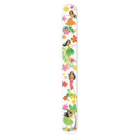 A long, narrow emery board with a colorful design featuring a hula dancer and tropical flowers.