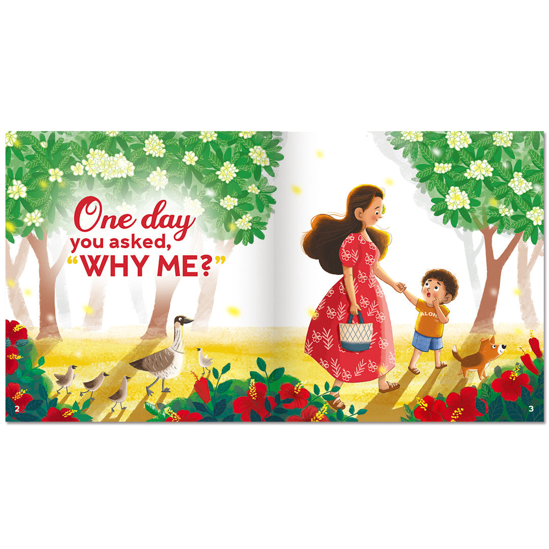 children's book page with characters walking among trees hawaii