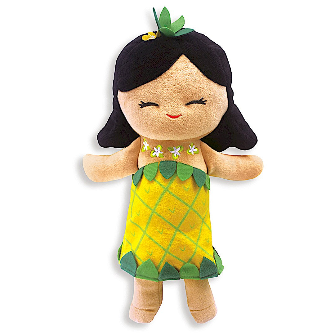 The front of a plush girl with black hair and a pineapple dress