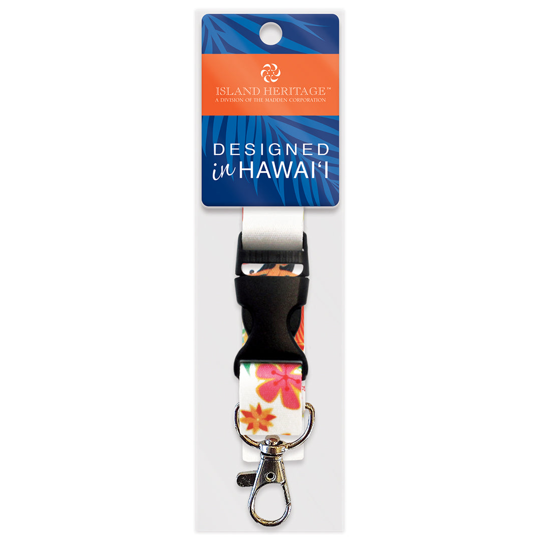 The front of a packaged floral lanyard