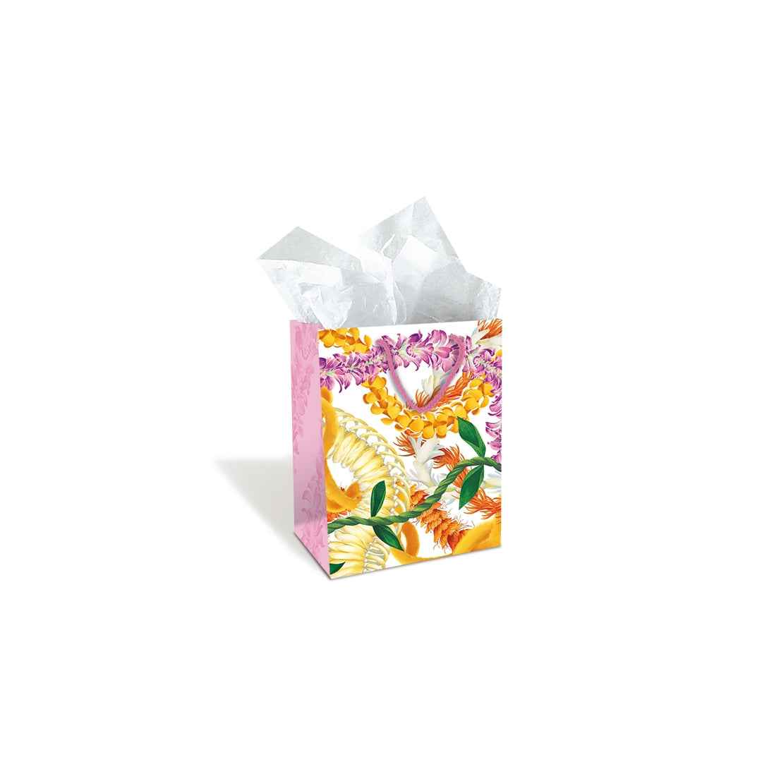 A Hawaii lei floral gift bag with tissue in it