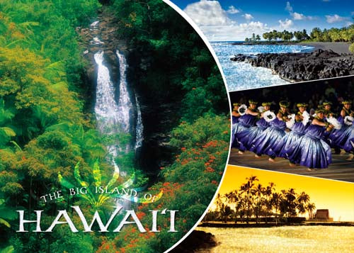 Collage of images from The Big Island of Hawaii including a waterfall, beach, and traditional dancers.