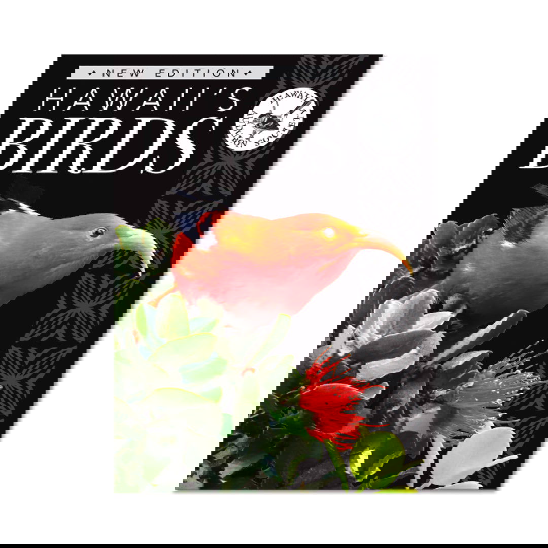 Black book cover with a red bird in a tree with a red flower, titled Hawaii'a Birds.