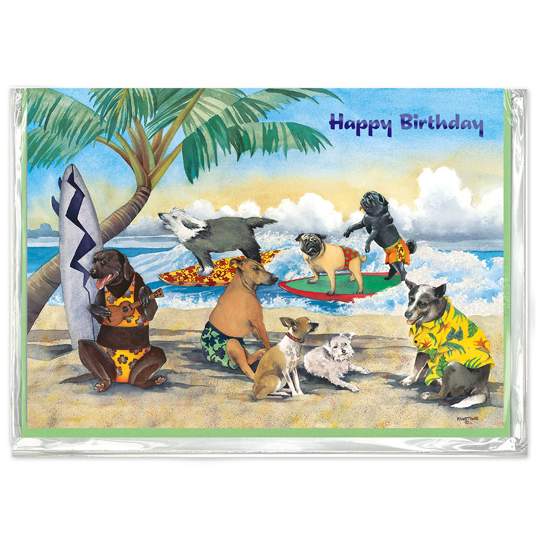 Birthday card with dogs in Hawaiian shirts on a beach scene