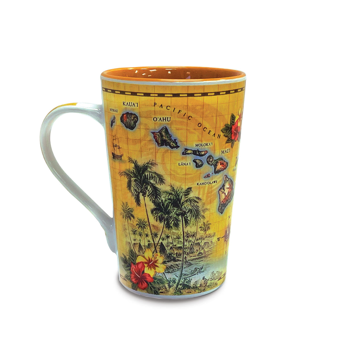 Tropical-themed mug with map design on a white background