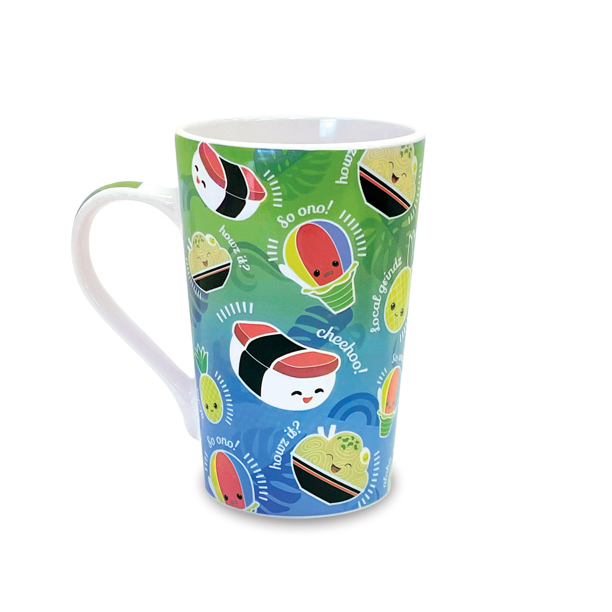 Colorful mug with cartoon local hawaii food design on a white background