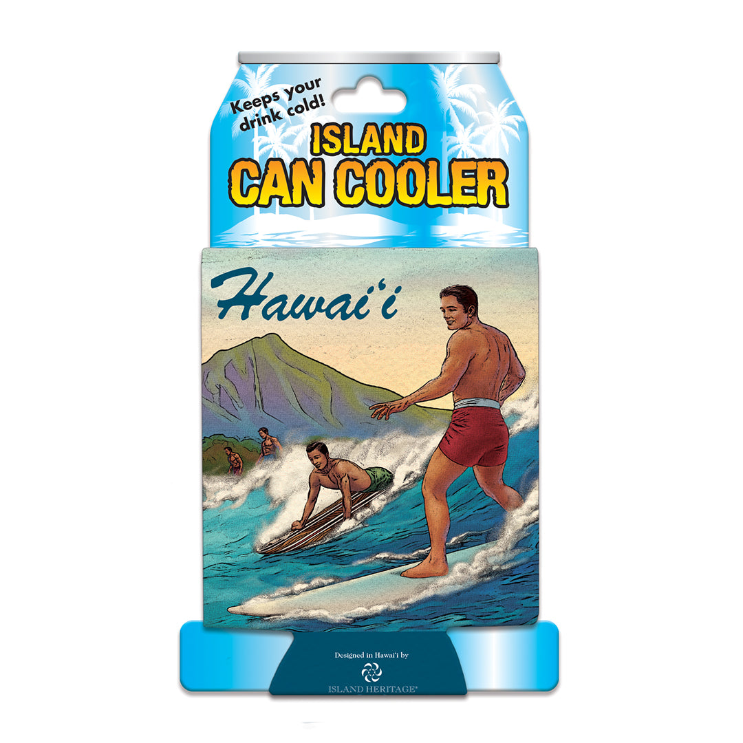 Can cooler with a vintage Hawaii design featuring surfers and mountains.