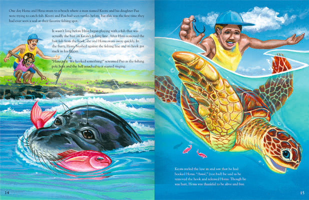 Illustrated book page with a colorful turtle and fish, and a person in a yellow shirt and blue cap.