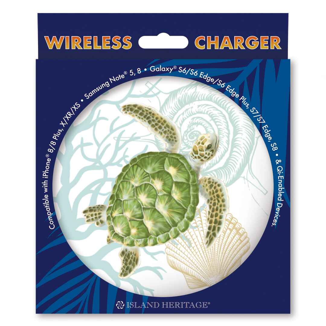 A Hawaii sea turtle themed wireless charger in blue packaging.