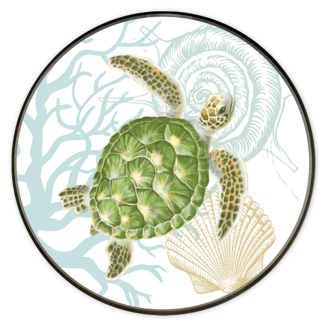 A wireless charger with a turtle and marine life design on a circular surface.