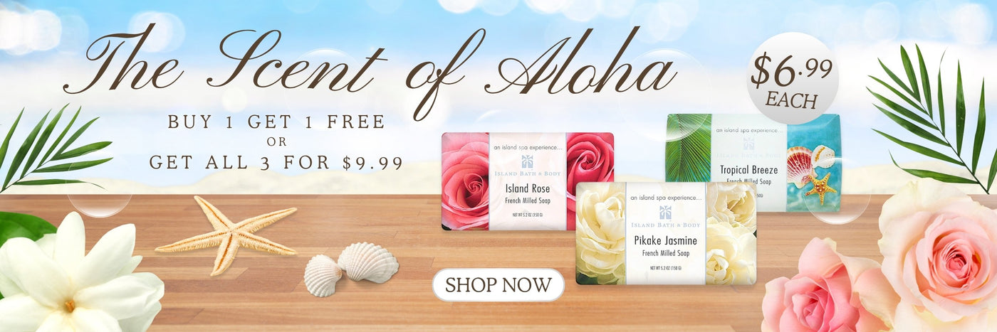 Promotional banner for 'The Scent of Aloha' with scented candles on a wooden surface, surrounded by flowers and beach elements.