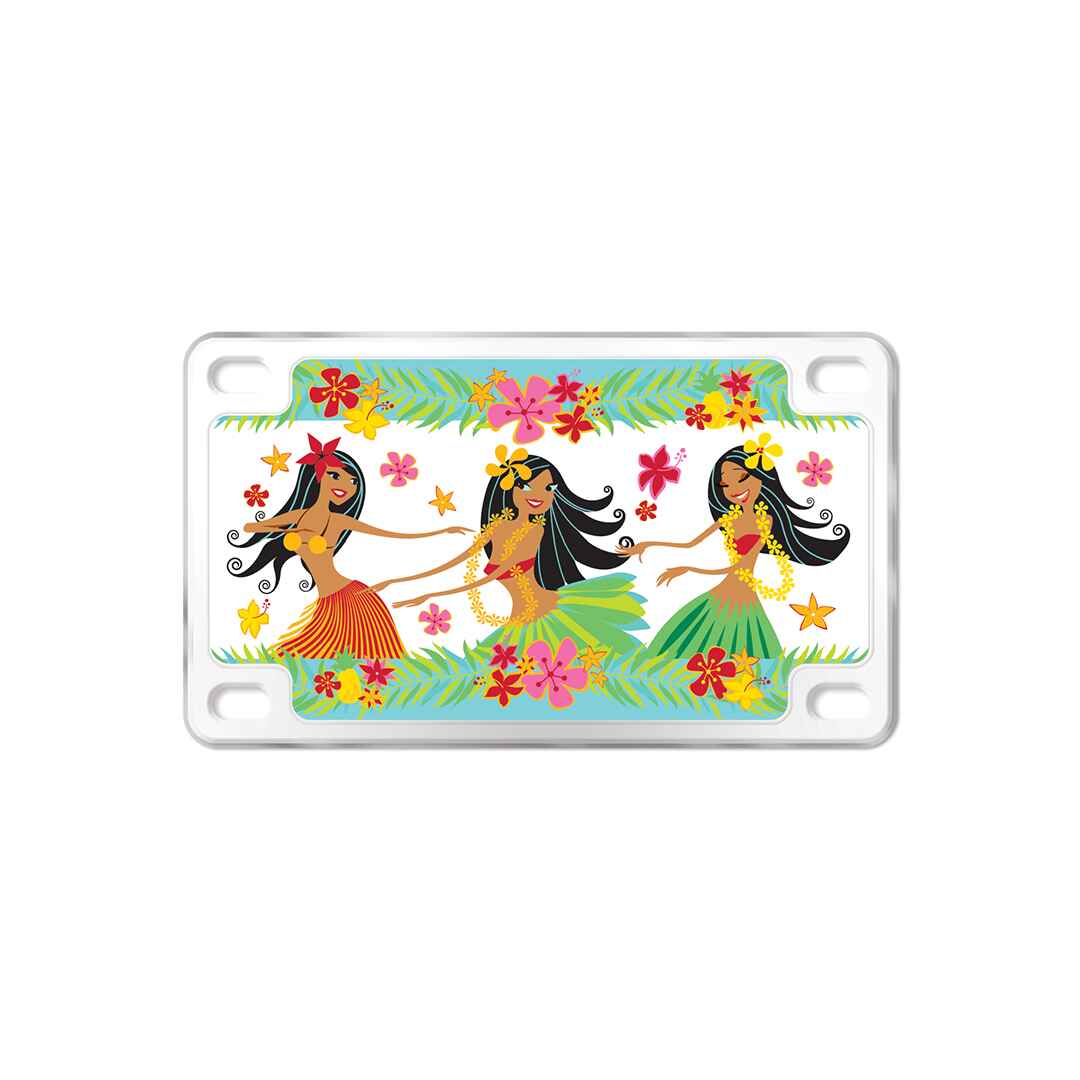 A colorful license plate shaped magnet featuring a design of three hula dancers against a tropical background with floral patterns.