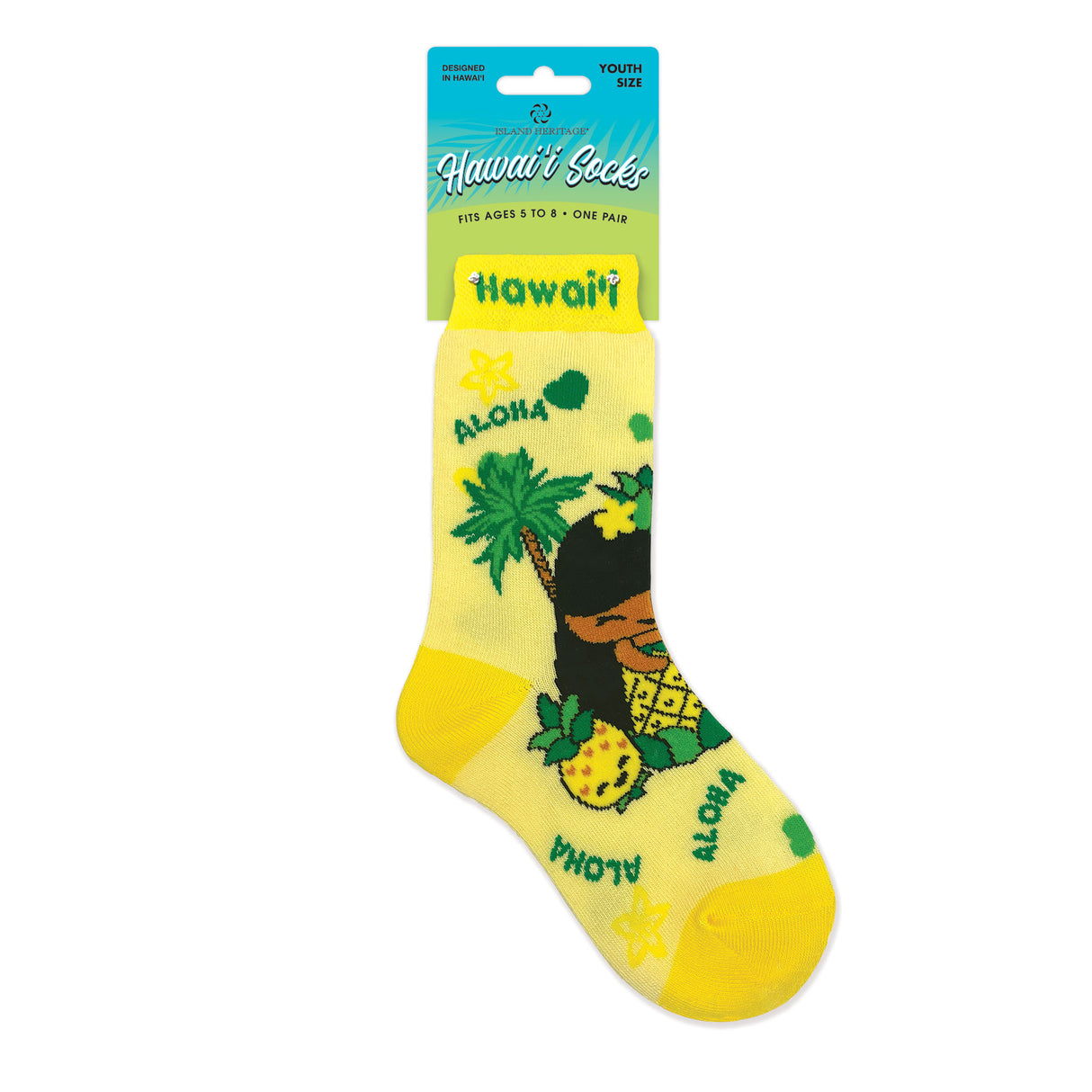 Yellow sock with tropical design and 'Hawaii' branding on a white background