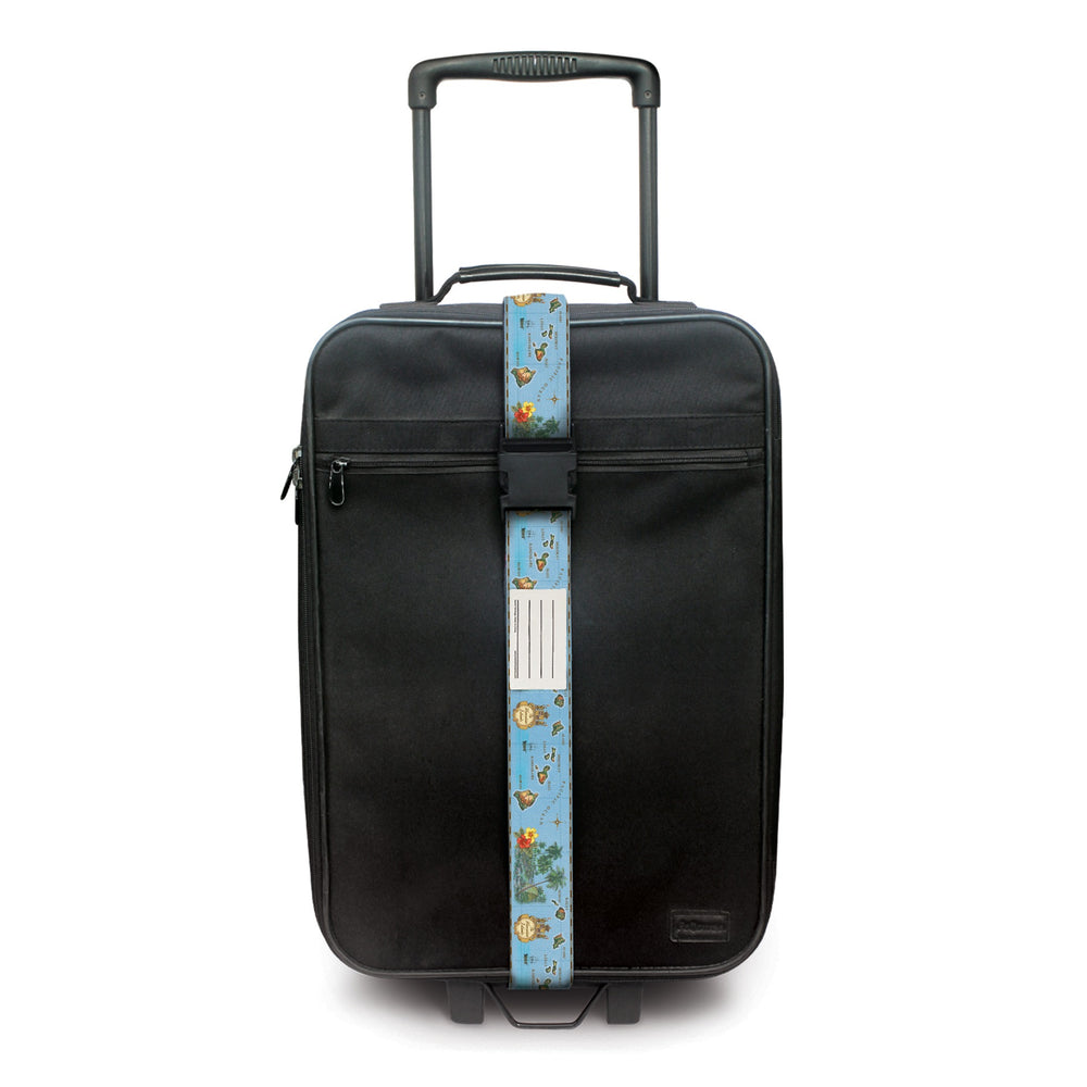 Islands of Hawai‘i luggage strap in blue, 71”L x 2”W, featuring a durable buckle, vibrant tropical design, and blank ID card for easy identification.