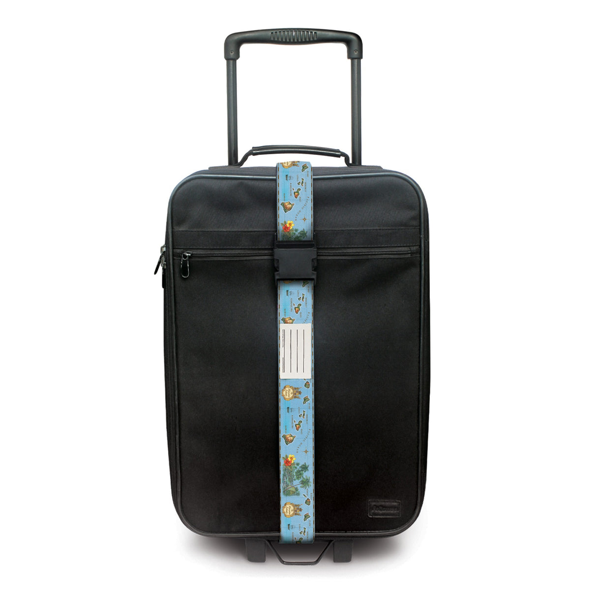 Islands of Hawai‘i luggage strap in blue, 71”L x 2”W, featuring a durable buckle, vibrant tropical design, and blank ID card for easy identification.