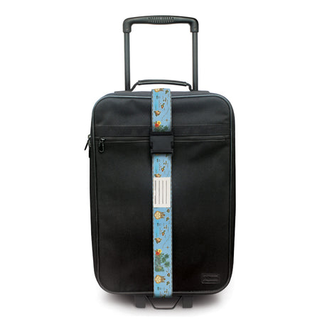 Islands of Hawai‘i luggage strap in blue, 71”L x 2”W, featuring a durable buckle, vibrant tropical design, and blank ID card for easy identification.