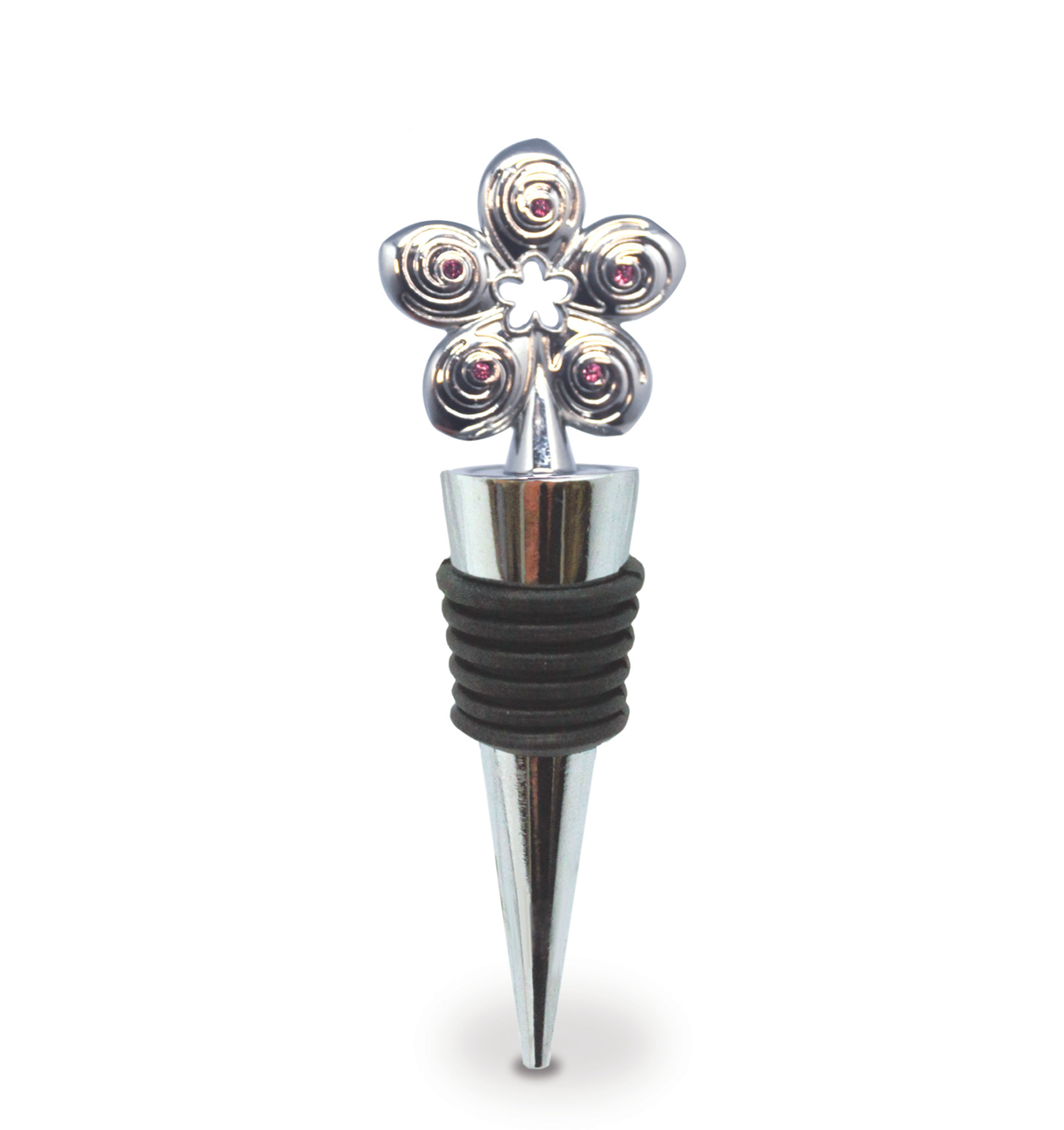 Silver flower-shaped bottle stopper on a white background