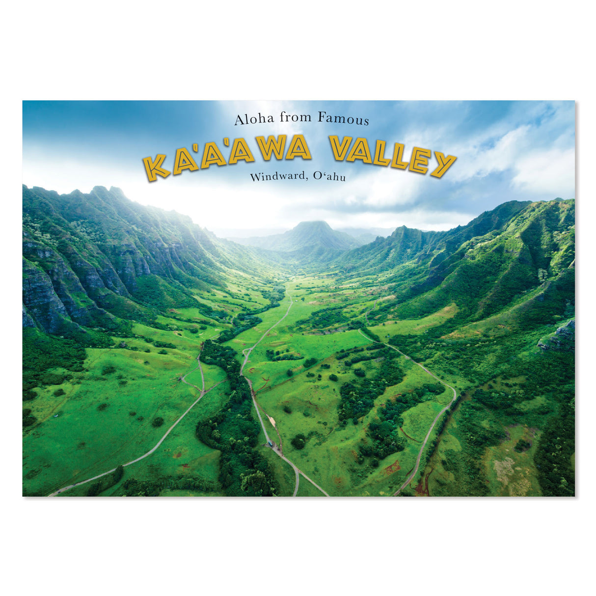 Scenic view of Kaaawa Valley with lush greenery and mountains, featuring text 'Aloha from Famous Kaaawa Valley Windward, Oahu'.