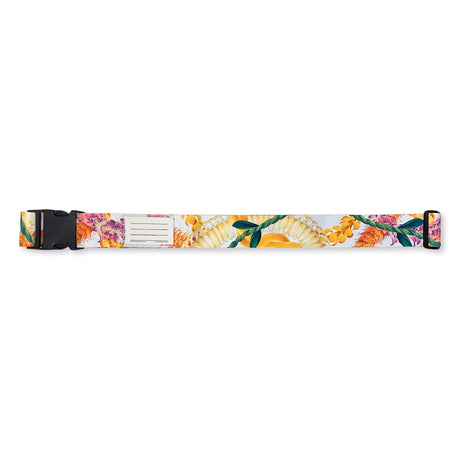 Leis of Aloha luggage strap, 71”L x 2”W, made from durable polyester with a strong buckle and blank ID card for easy identification.