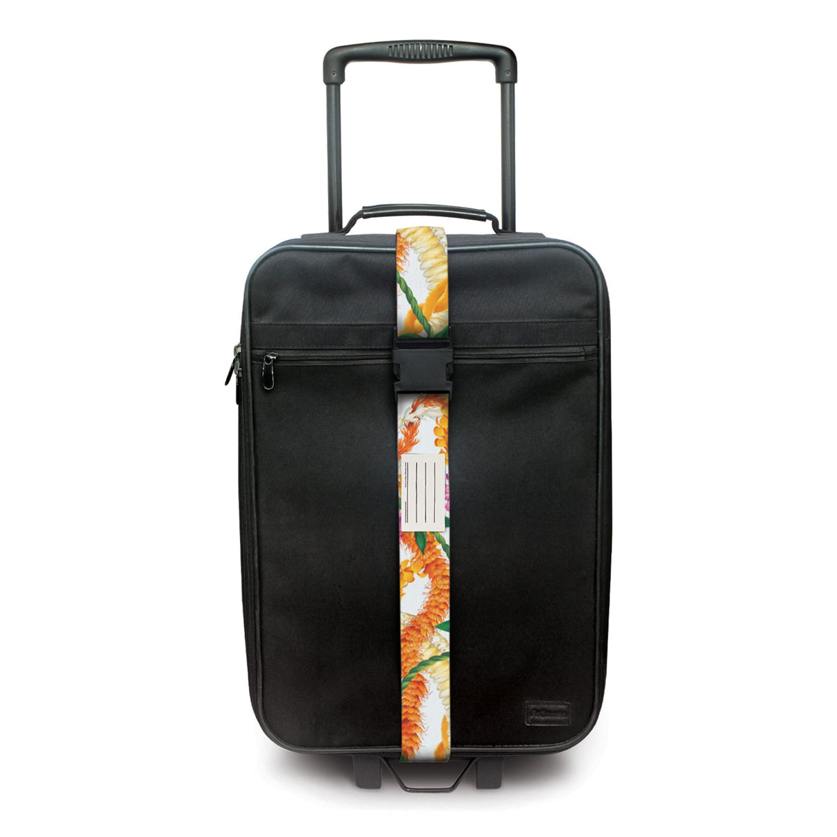 Leis of Aloha luggage strap in vibrant design, 71”L x 2”W, with a sturdy buckle and a blank ID card for secure and stylish travel.