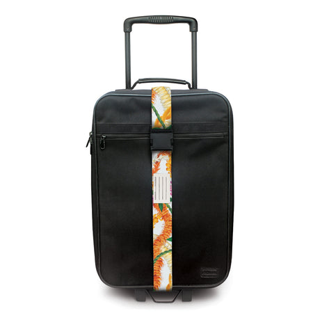Leis of Aloha luggage strap in vibrant design, 71”L x 2”W, with a sturdy buckle and a blank ID card for secure and stylish travel.