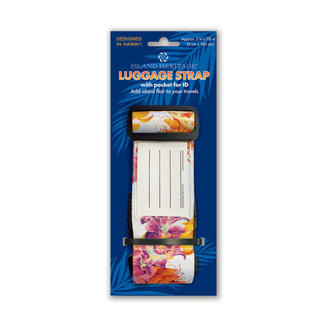 Adjustable Leis of Aloha luggage strap, featuring resilient polyester construction, an eye-catching design, and blank identification card for travel ease.