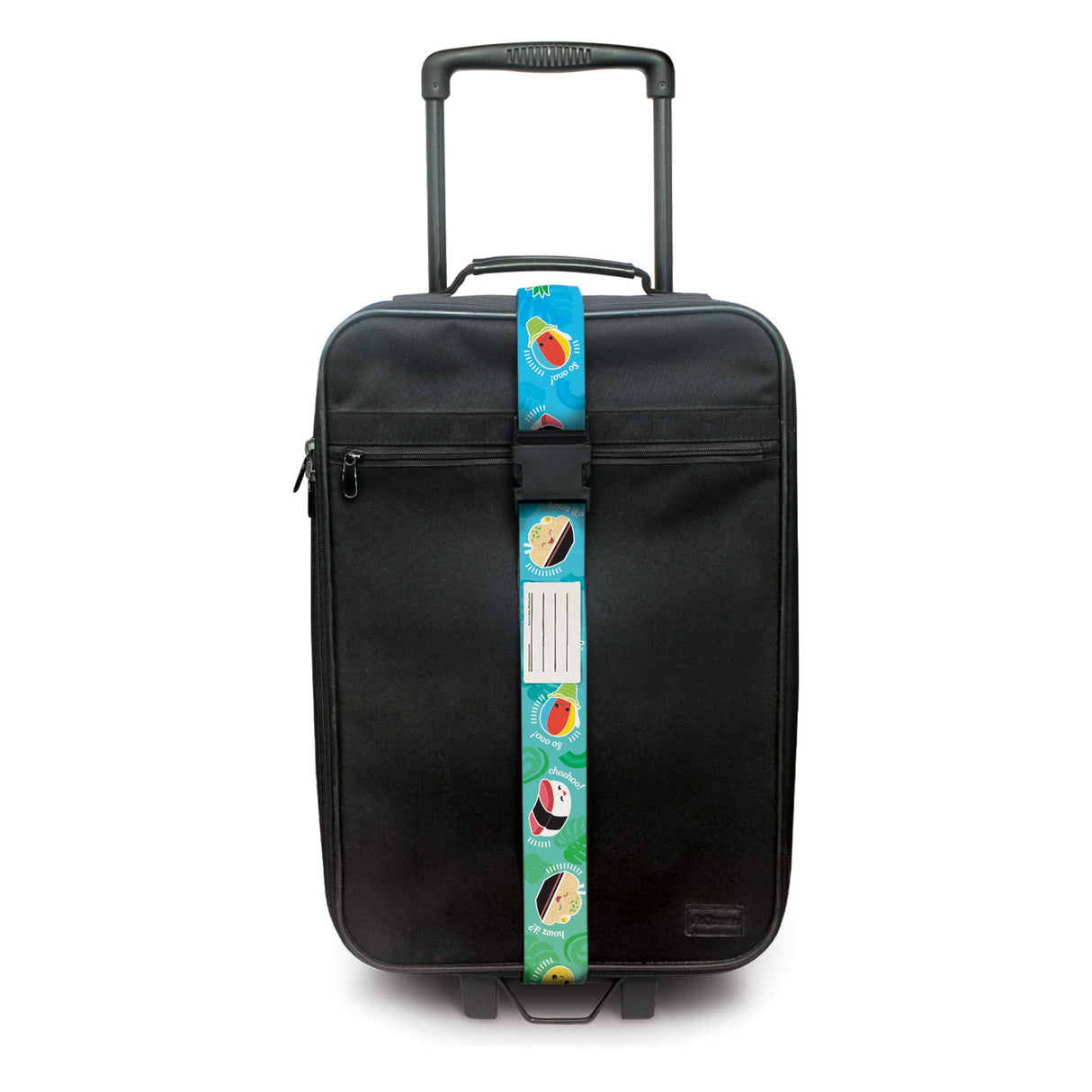 Adjustable Local Grindz luggage strap, made from resilient polyester with eye-catching designs and a blank identification card for secure travel.
