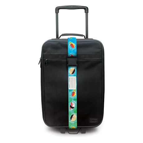 Adjustable Local Grindz luggage strap, made from resilient polyester with eye-catching designs and a blank identification card for secure travel.