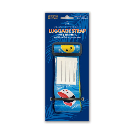 Adjustable Local Grindz luggage strap, made from resilient polyester with eye-catching designs and a blank identification card for secure travel.