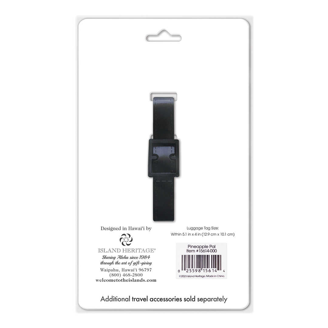 Back of white luggage tag package with black strap