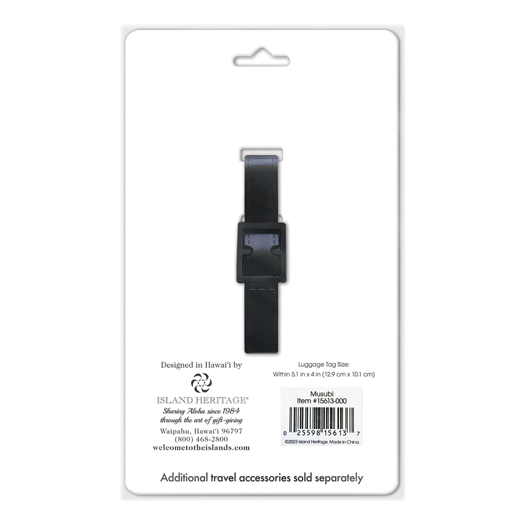 Back of white luggage tag package with black strap
